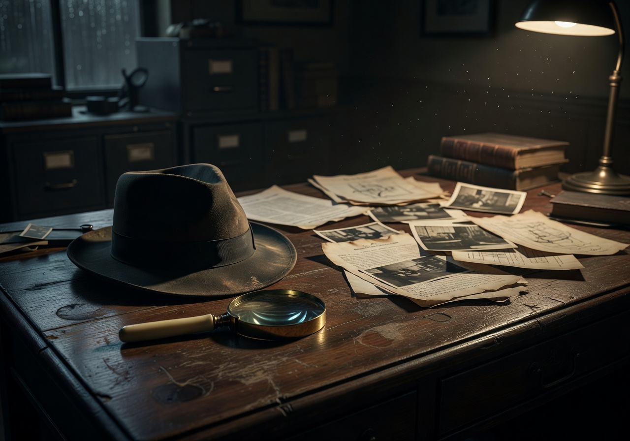 Detective fedora hat resting beside a magnifying glass and scattered evidence papers on a dimly lit desk