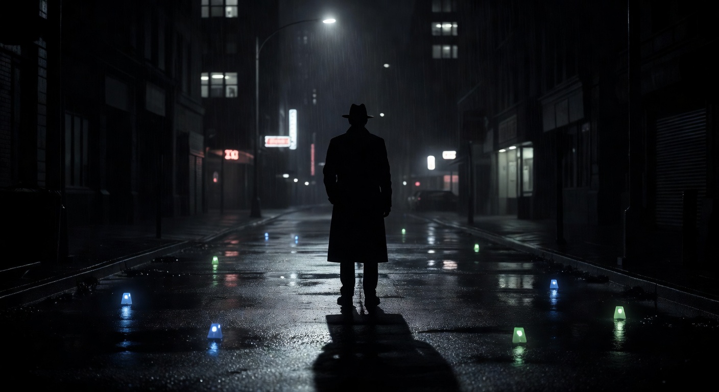 Noir detective silhouette standing on a rain-soaked city street at night with glowing evidence markers