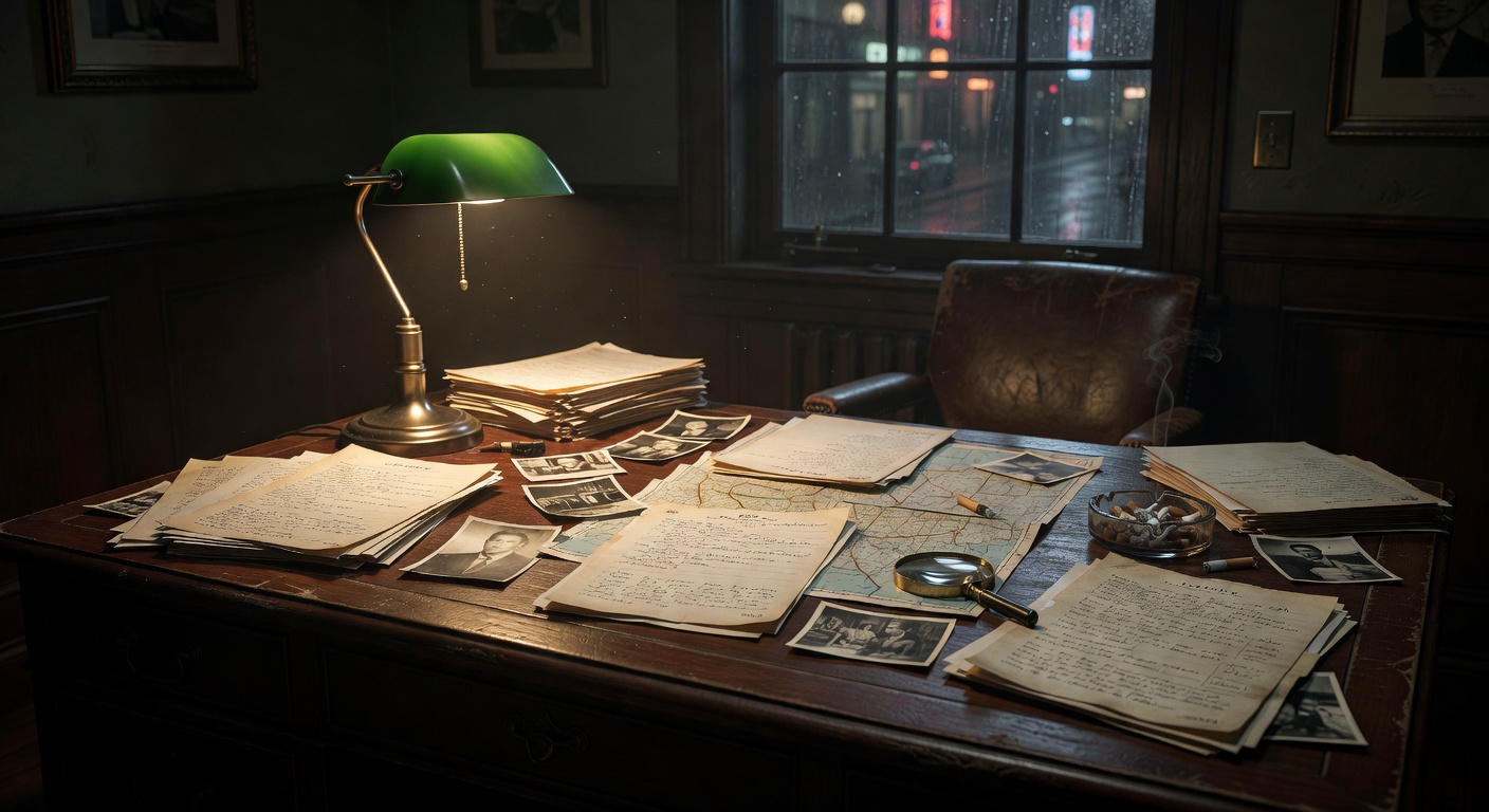 A noir detective's dimly lit office with scattered case files, a desk lamp casting warm light on investigation notes