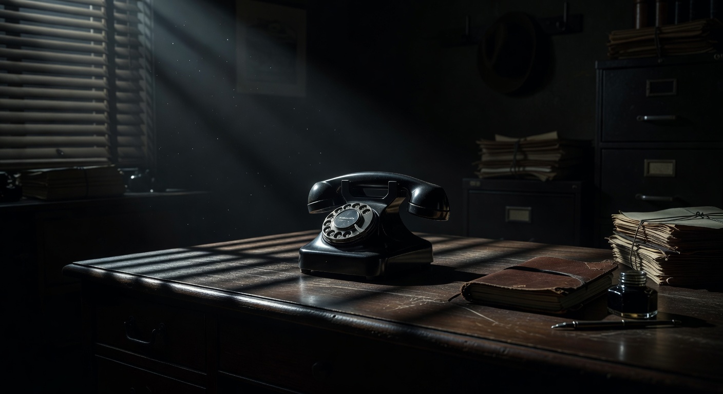 A classic noir telephone on a detective's desk with dim lighting and shadow patterns across the surface